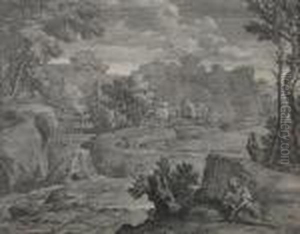 Landscape With Waterfall And Seated Figure Oil Painting by Gaspard Dughet