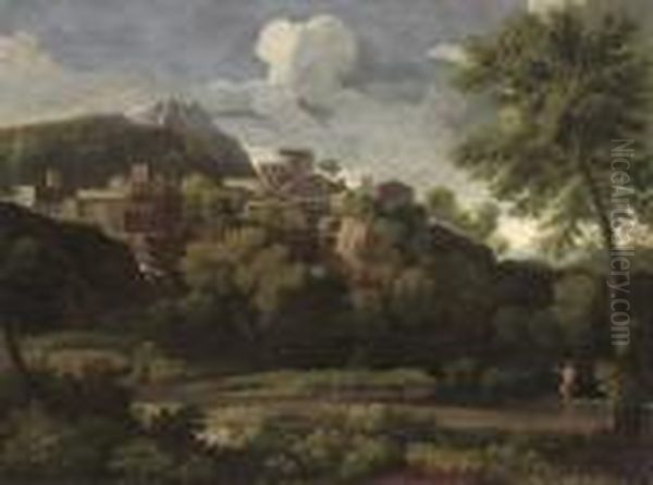An Italianate Landscape Oil Painting by Gaspard Dughet