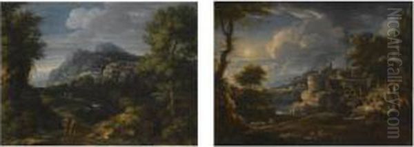 A Mountainous Wooded River Landscape With Travellers On A Path In The Foreground Oil Painting by Gaspard Dughet