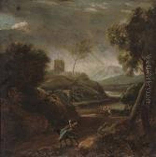 An Extensive Wooded River Landscape With Balaam And The Ass Oil Painting by Gaspard Dughet