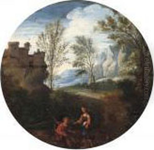 A Wooded Italianate Landscape With Figures In The Foreground, A Fortified Town Beyond Oil Painting by Gaspard Dughet