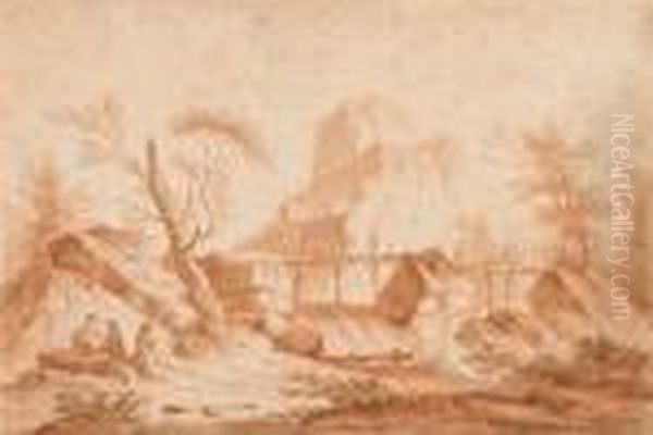 Italian Landscape With Resting Figures By A Wooden Bridge. Oil Painting by Gaspard Dughet