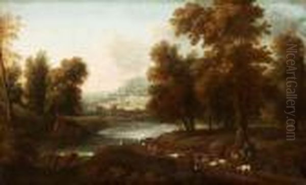 Pastoralt Landskap Med Herde Och Farhjord Oil Painting by Gaspard Dughet