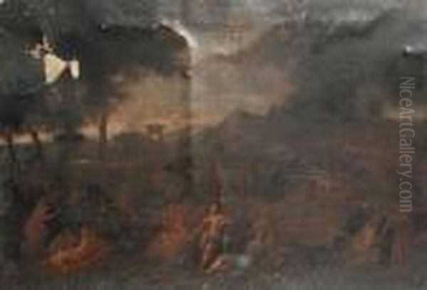 Figures Resting In A Classical Landscape Oil Painting by Gaspard Dughet