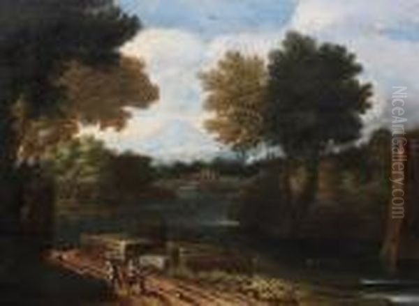Travellers On A Road By A River Oil Painting by Gaspard Dughet