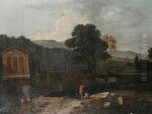 An Italianate Landscape With Ruins, Peasantsand Cattle By A River Oil Painting by Gaspard Dughet