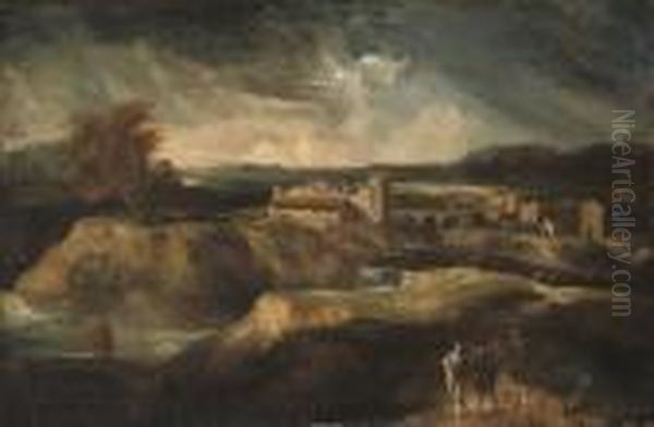 A Classical Wooded River Landscape With Figures On A Track And Atown Beyond Oil Painting by Gaspard Dughet