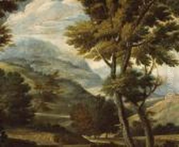 An Extensive Landscape With Figures On Aroad Oil Painting by Gaspard Dughet