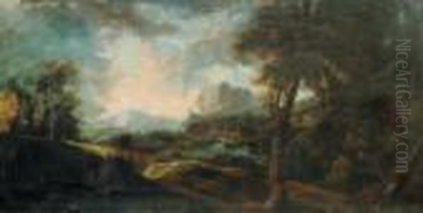 Bewaldete Flusslandschaft Mit Einem Dorf Oil Painting by Gaspard Dughet