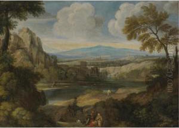 Extensive Italianate Landscape With Peasants In The Foreground Oil Painting by Gaspard Dughet