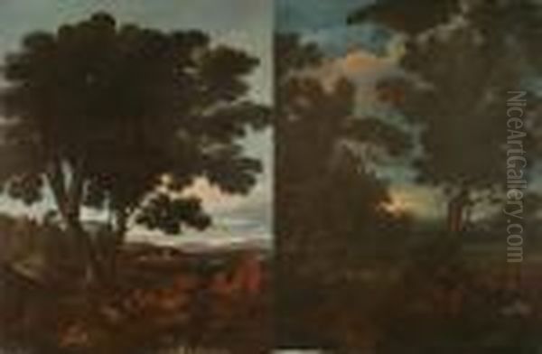 Paesaggio Con Armenti, Paesaggio Classico Con Piramide Oil Painting by Gaspard Dughet