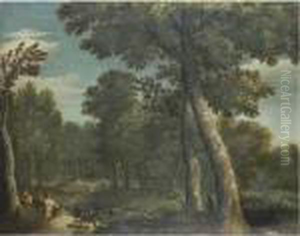 A River Landscape With Satyrs Playing Their Pipes In The Foreground Oil Painting by Gaspard Dughet