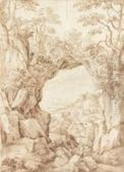 Paysage Au Travers D'une Arche
 Plume Et Encres Brune Et Noire Sur Trait De Sanguine, Lavis Brun Oil Painting by Gaspard Dughet