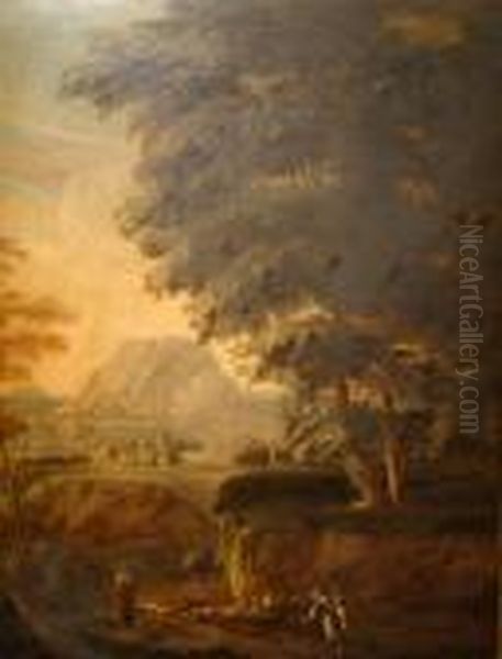 An Extensive Italianate Landscape With Figures On A Path Oil Painting by Gaspard Dughet