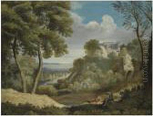 A Landscape With Two Figures In The Foreground And A Fortified Town Beyond Oil Painting by Gaspard Dughet
