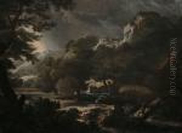 An Italianate Landscape With A Figure Sheltering From A Storm Oil Painting by Gaspard Dughet