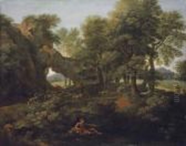 A Wooded Landscape With A 
Fisherman On The Bank And A Goat Herder And His Flock On A Path Beyond Oil Painting by Gaspard Dughet