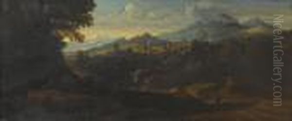 An Extensive Wooded Landscape 
With Figures Resting Beside A Country Path, A Waterfall And Mountains 
Beyond Oil Painting by Gaspard Dughet