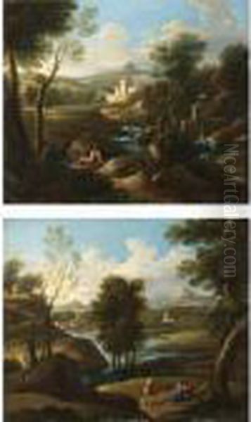 Paesaggi Con Figure Vicino A Un Fiume Oil Painting by Gaspard Dughet