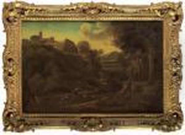 An Italianate Wooded Landscape With A Shepherd And Sheep On A Path Oil Painting by Gaspard Dughet