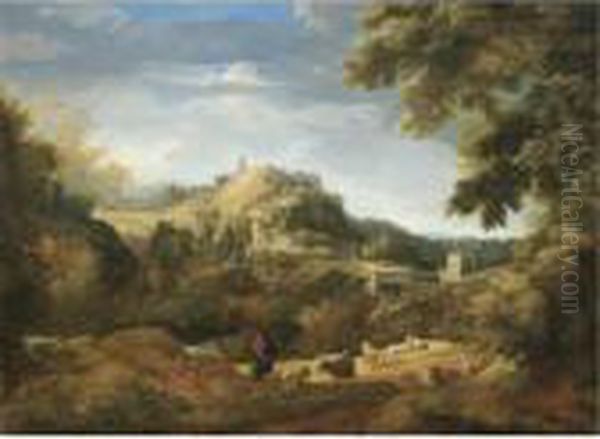 A View Of Tivoli With Shepherds Resting With Their Flock In The Foreground Oil Painting by Gaspard Dughet