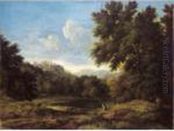 An Italianate Landscape With 
Figures Resting Near A Pond, A Fortified Hilltop Town Beyond Oil Painting by Gaspard Dughet