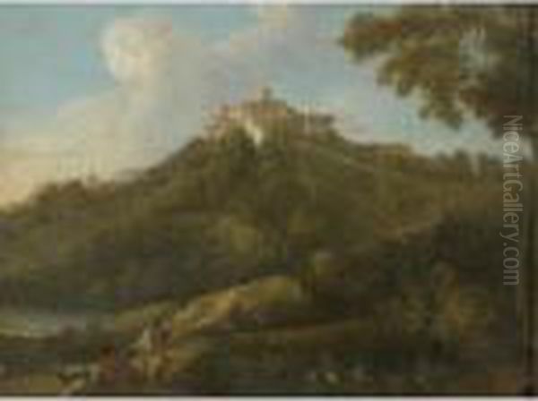 A View Of The Roman Campagna 
With Shepherds In The Foreground And A Palazzo And A Church On A Hilltop
 Beyond Oil Painting by Gaspard Dughet