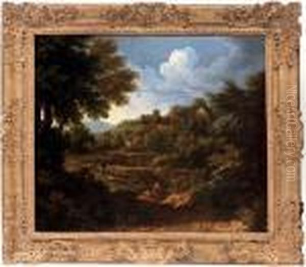 A Wooded Landscape With Figures By A River Oil Painting by Gaspard Dughet