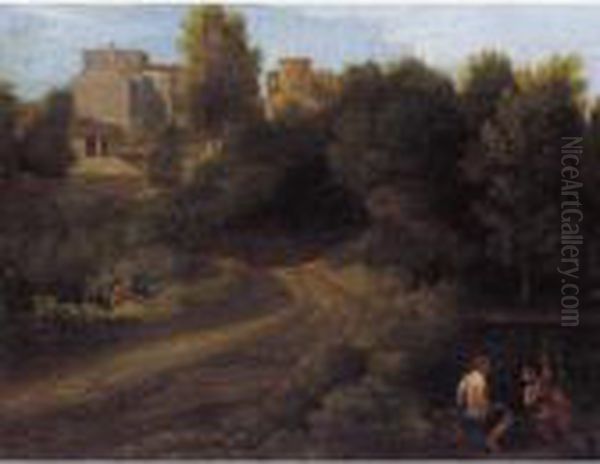 A Classical Landscape With Figures Near A Bridge Leading To A Village Oil Painting by Gaspard Dughet