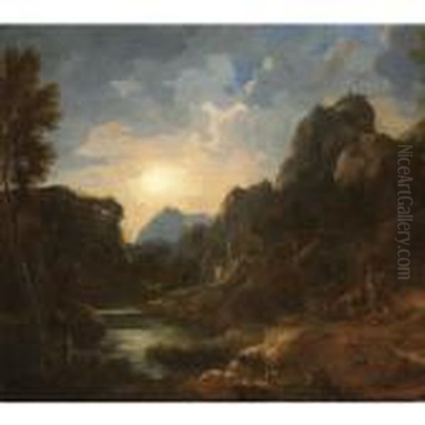 Paesaggio Fluviale Al Tramonto Con Figure Oil Painting by Gaspard Dughet