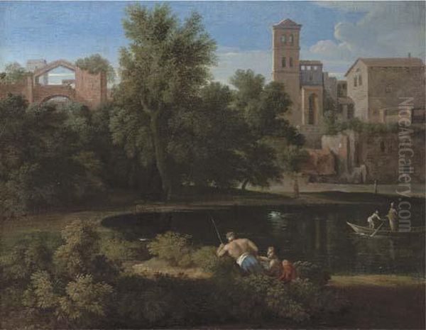A Classical Landscape With Figures Resting By A Lake Oil Painting by Gaspard Dughet