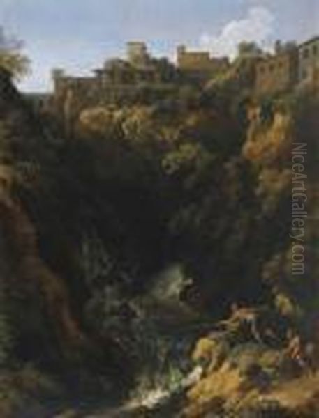 Borgo Laziale Con Cascata Oil Painting by Gaspard Dughet