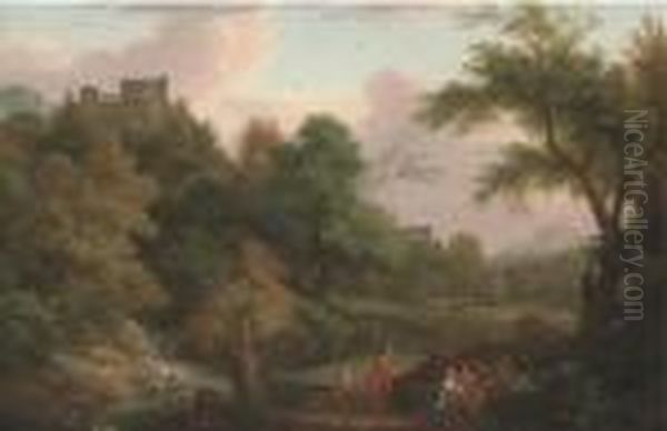 An Italianate Wooded Landscape, With Figures By A Stream Andbuildings Beyond Oil Painting by Gaspard Dughet