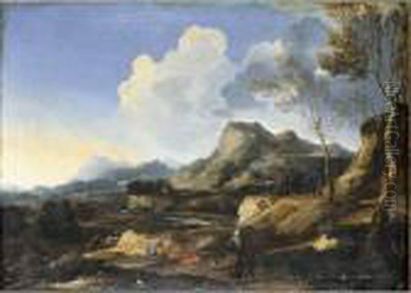 An Italianate Landscape With A 
River And Rustic Buildings, Classical Figures And Travellers In The 
Foreground Oil Painting by Gaspard Dughet