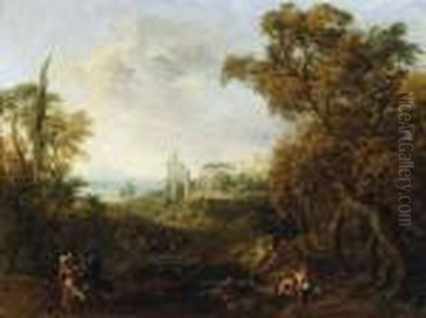 Paesaggio Fluviale Con Figure E Architetture Sullo Sfondo Oil Painting by Gaspard Dughet