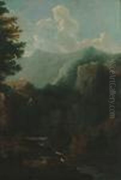 A Classical Landscape With Figures Beside A River Oil Painting by Gaspard Dughet