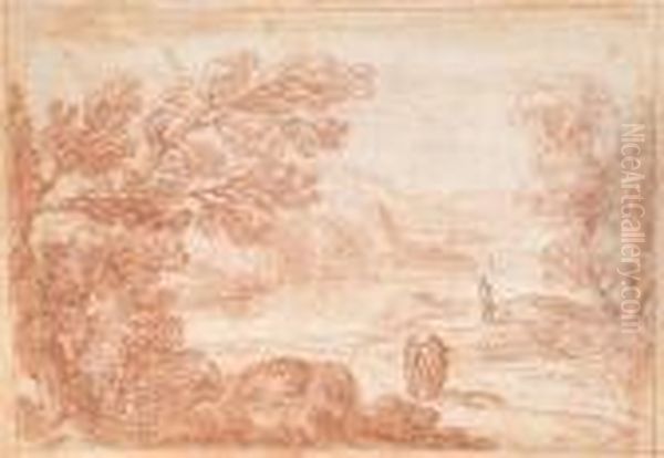 Hills In A River Landscape With Figures Walking And Conversing On The Bank Oil Painting by Gaspard Dughet