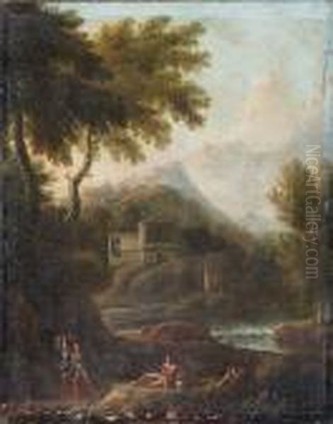 An Arcadian Landscape With Travellers On A Path, A Waterfall Beyond Oil Painting by Gaspard Dughet