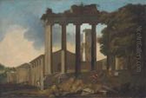 The Temple Of Concorde, Rome, With Classical Figures In Theforeground Oil Painting by Gaspard Dughet