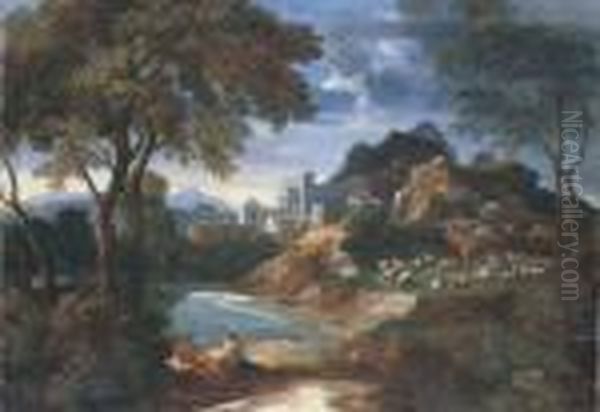 An Italianate River Landscape 
With A Villa And Shepherds Restingwith Their Flock By A Pond Oil Painting by Gaspard Dughet