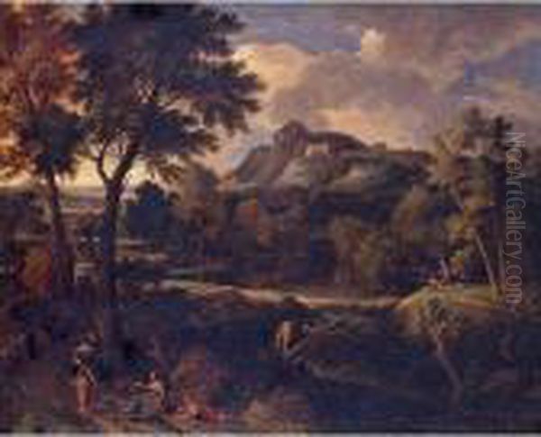 Arcadian Landscape With Classical Figures On A Path Oil Painting by Gaspard Dughet