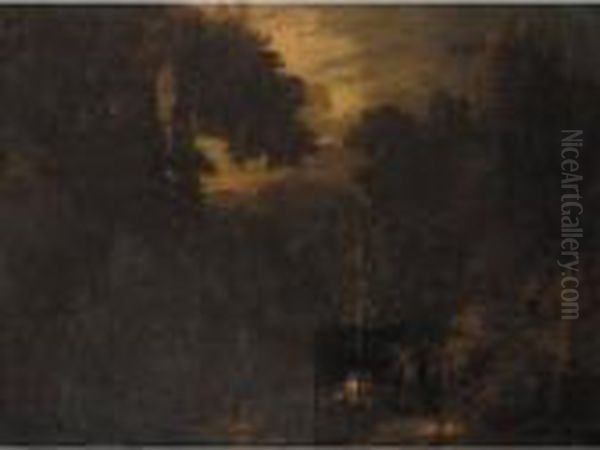 A Pastoral Wooded Landscape With Three Figures In The Foreground Oil Painting by Gaspard Dughet