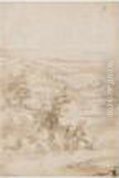 A Landscape With A River And Classical Buildings In The Background Oil Painting by Gaspard Dughet