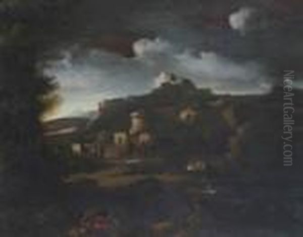 Paesaggio Fluviale Con Ruderi E Pastore Oil Painting by Gaspard Dughet