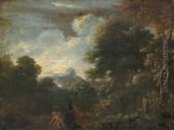 A Wooded Landscape With Pan And Ceres Oil Painting by Gaspard Dughet