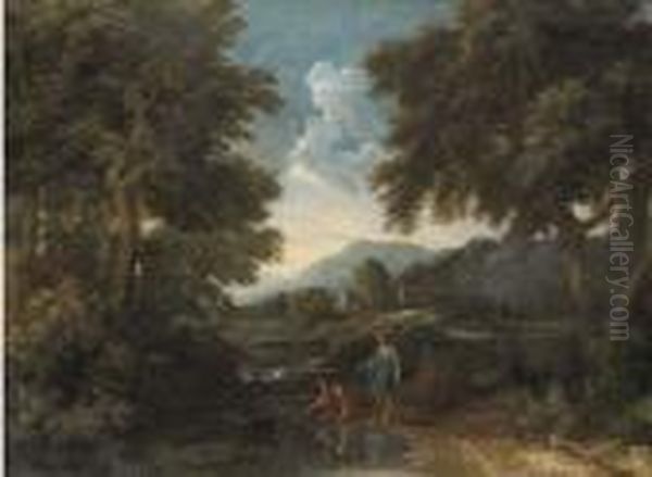 A Wooded Landscape With Classical Figures By A River Oil Painting by Gaspard Dughet
