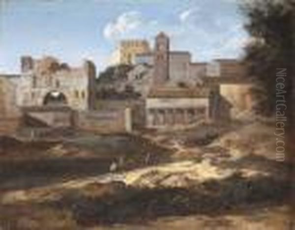 A Capriccio View Of Classical Buildings Oil Painting by Gaspard Dughet