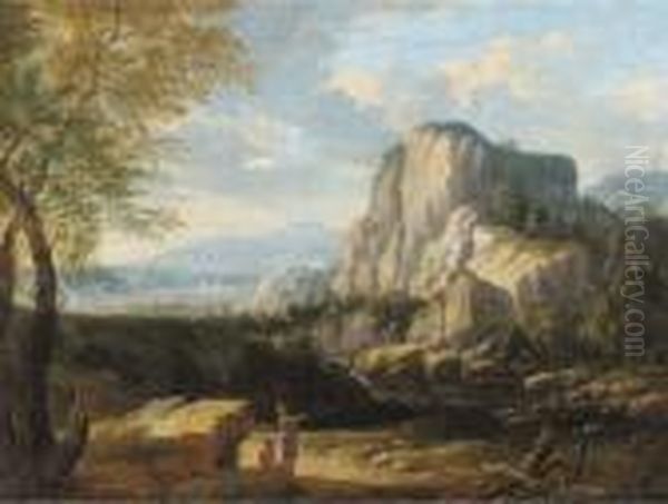 An Italianate Landscape With Travellers At Halt By A River Oil Painting by Gaspard Dughet