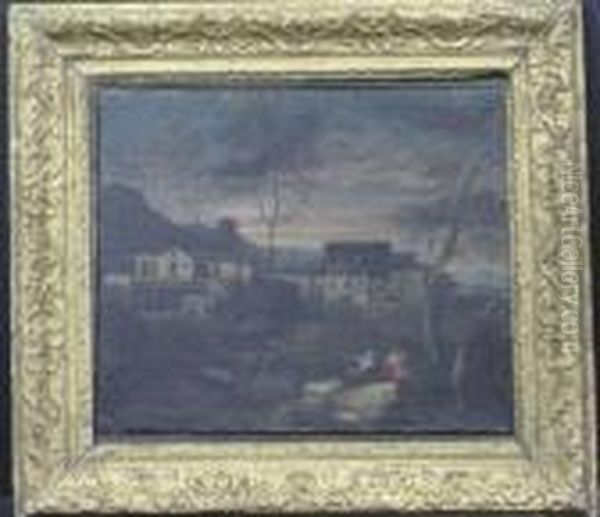 Figures In A Landscape Before A Village Oil Painting by Gaspard Dughet