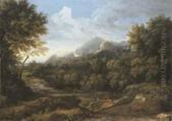A Wooded Landscape Oil Painting by Gaspard Dughet
